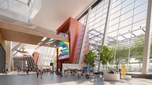 The arrivals hall at the New Terminal One at JFK airport. It has large glass windows and a wide concourse with seating and plants.