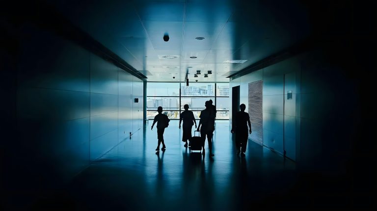 A family shown in silhouette against a large window at an airport.