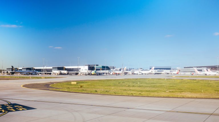 View of the runway at Melbourne Airport in Australia.