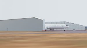 Representation of hat the new engine testing facility at Brussels Airport will look like. It has large high white walls and a white aircraft is partly visible.