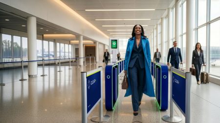 Clear’s secure identity platforms to be installed at Tampa International A passenger wearing a long blue coat and carrying a small brown personal handbag walks through a Clear secure identity checkpoint at an airport.