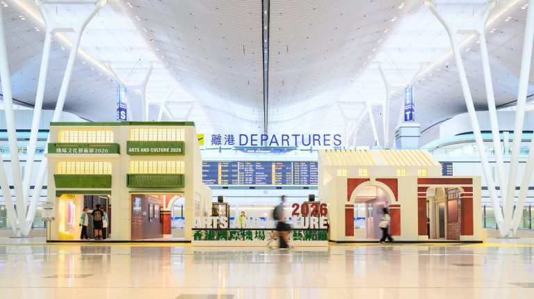 The departures terminal at Hong Kong Airport featuring passenger experience installations for the HKIA Arts and Culture Festival 2026.