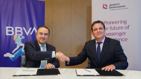 Airport Dimensions and BBVA to open Peru’s first bank-branded airport lounge Giorgio Benza, vice president for Latin America at Airport Dimensions, and Fernando Eguiluz, CEO of BBVA in Peru, shake hands to mark the signing of a contract for the opening of the new premium lounge at Lima's Jorge Chávez International Airport (LIM).