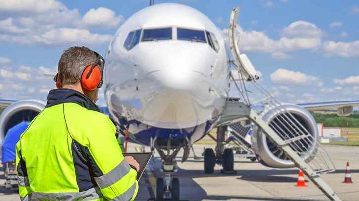 Ground handler using tablet on airport apron with aircraft in background