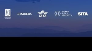 Logos for biometrics coalition members Airports Council International (ACI) Europe, Amadeus, the International Air Transport Association (IATA), IDEMIA Public Security and SITA, against a blue background.