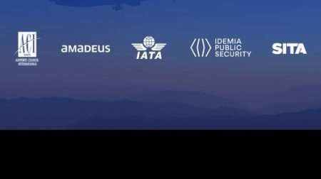 Logos for biometrics coalition members Airports Council International (ACI) Europe, Amadeus, the International Air Transport Association (IATA), IDEMIA Public Security and SITA, against a blue background.