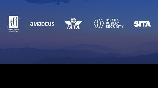 Logos for biometrics coalition members Airports Council International (ACI) Europe, Amadeus, the International Air Transport Association (IATA), IDEMIA Public Security and SITA, against a blue background.